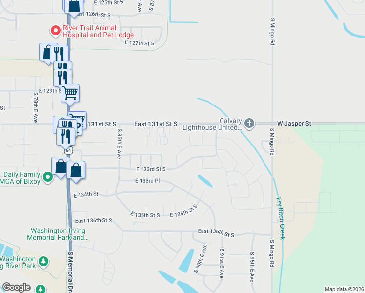 map of restaurants, bars, coffee shops, grocery stores, and more near 13255 South 89th East Place in Bixby