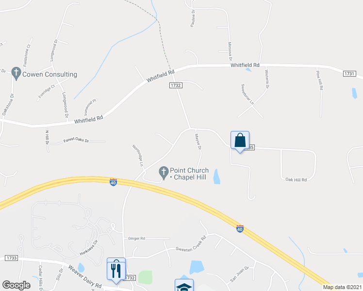 map of restaurants, bars, coffee shops, grocery stores, and more near 7122 Sunrise Road in Chapel Hill