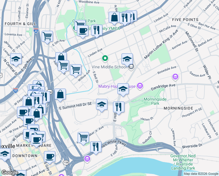 map of restaurants, bars, coffee shops, grocery stores, and more near 1250 Elston Turner Drive in Knoxville