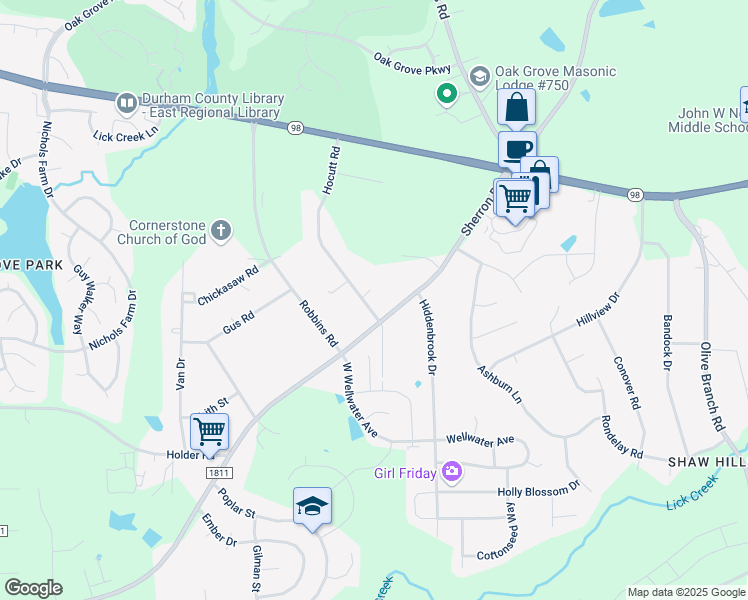 map of restaurants, bars, coffee shops, grocery stores, and more near 302 Sherron Road in Durham