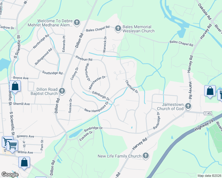 map of restaurants, bars, coffee shops, grocery stores, and more near 1013 Pineburr Road in Jamestown
