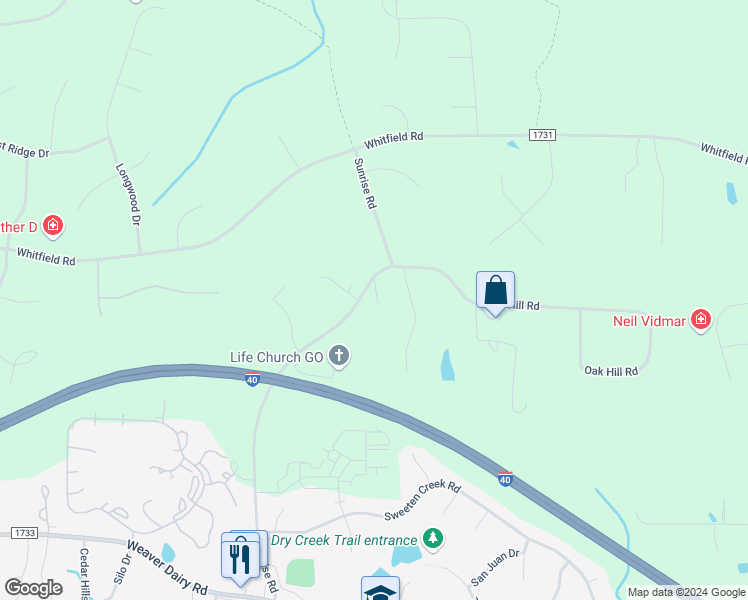 map of restaurants, bars, coffee shops, grocery stores, and more near 7122 Sunrise Road in Chapel Hill
