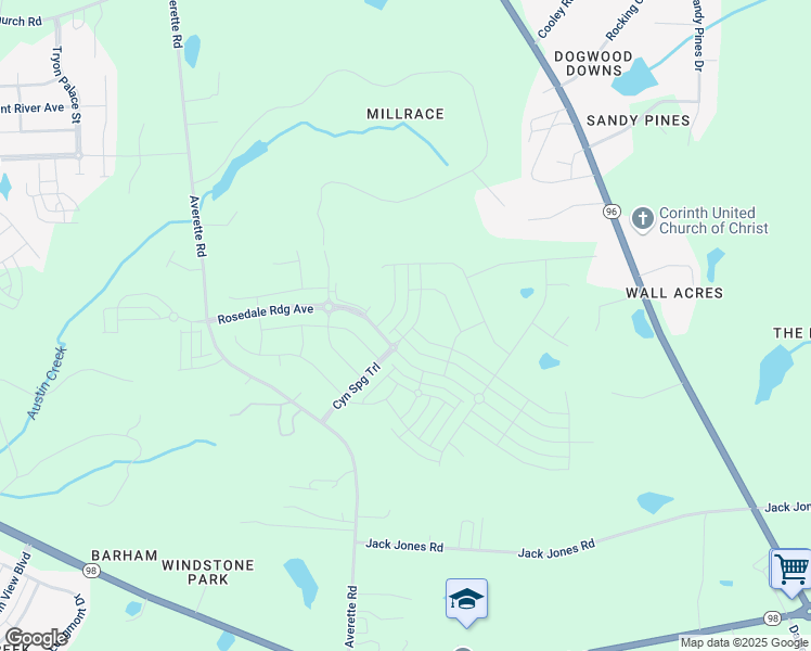 map of restaurants, bars, coffee shops, grocery stores, and more near 360 Canyon Spring Trail in Wake Forest