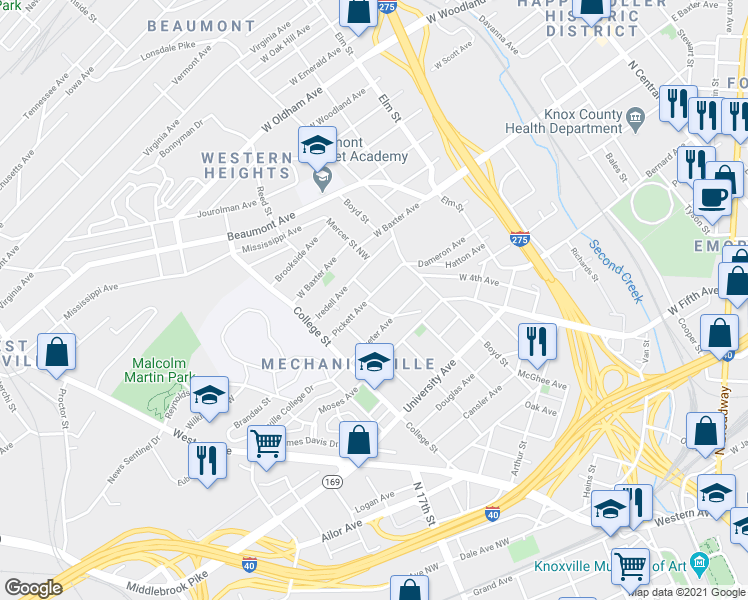 map of restaurants, bars, coffee shops, grocery stores, and more near 1300 Pickett Avenue in Knoxville