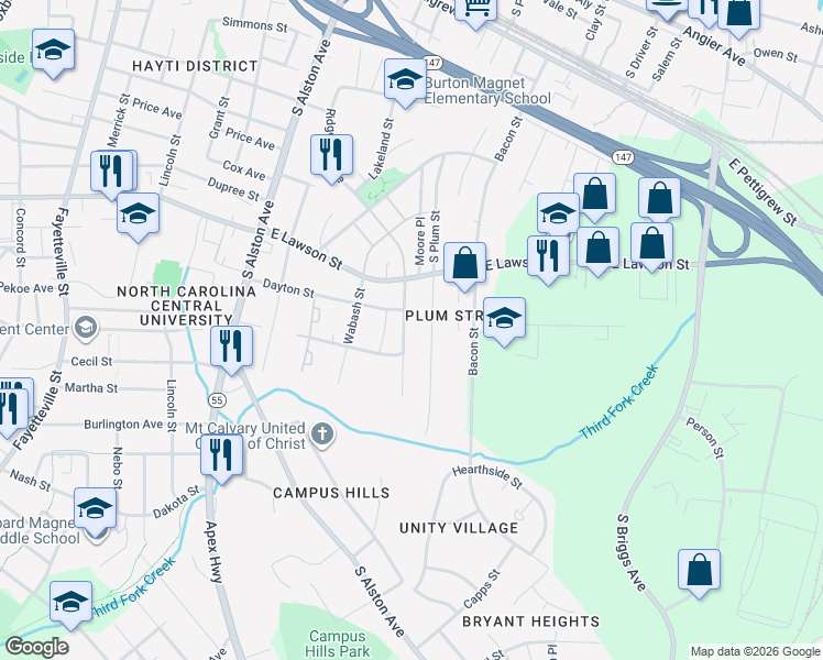 map of restaurants, bars, coffee shops, grocery stores, and more near 52 Ridgeway Avenue in Durham