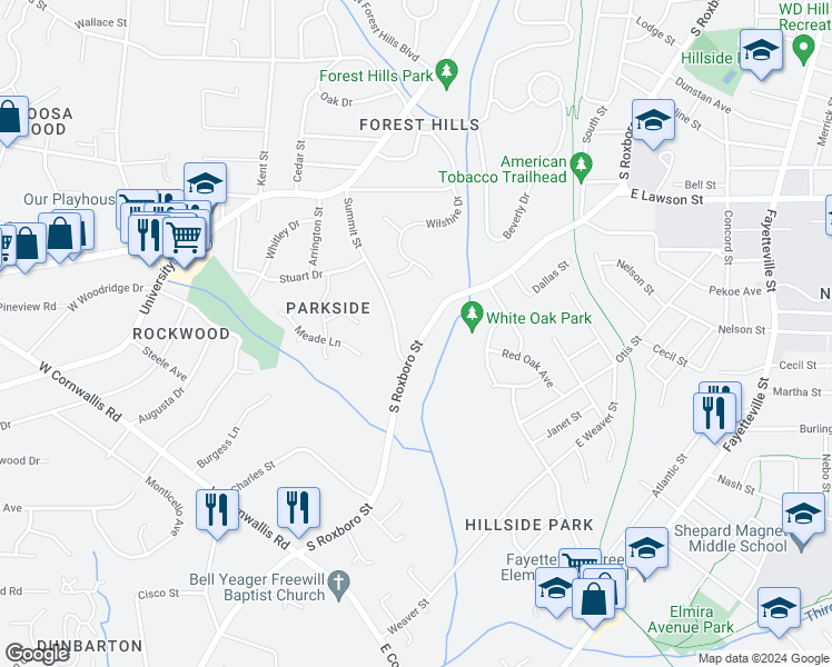 map of restaurants, bars, coffee shops, grocery stores, and more near in Durham