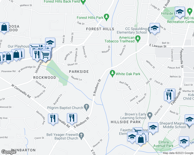 map of restaurants, bars, coffee shops, grocery stores, and more near in Durham