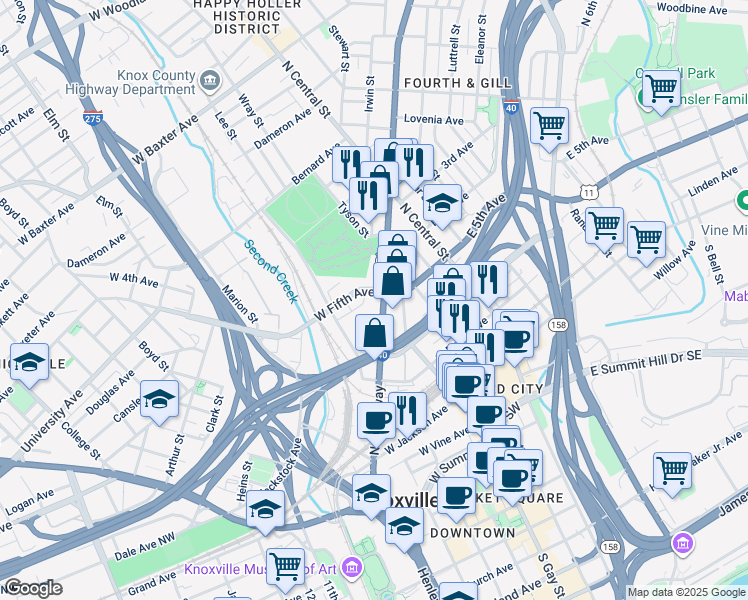 map of restaurants, bars, coffee shops, grocery stores, and more near 410 Cooper Street in Knoxville