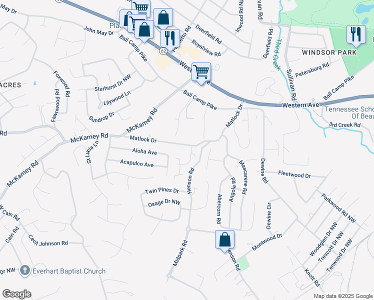 map of restaurants, bars, coffee shops, grocery stores, and more near 34 Lynnmont Road in Knoxville