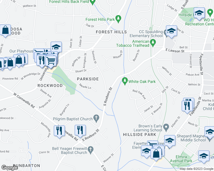 map of restaurants, bars, coffee shops, grocery stores, and more near 2229 Summit Street in Durham