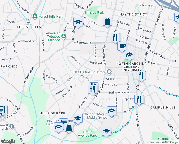 map of restaurants, bars, coffee shops, grocery stores, and more near 2206 Fitzgerald Avenue in Durham