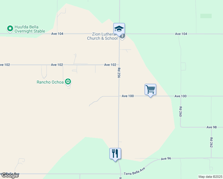 map of restaurants, bars, coffee shops, grocery stores, and more near 10007 Road 256 in Terra Bella