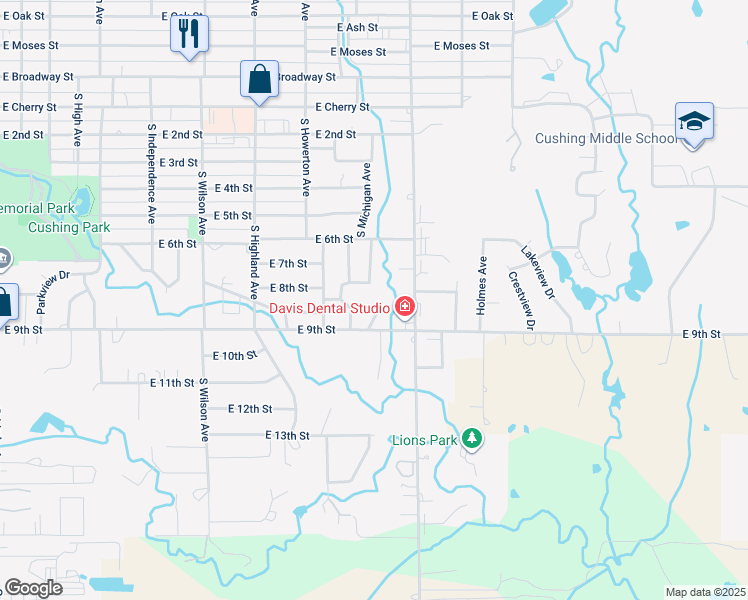 map of restaurants, bars, coffee shops, grocery stores, and more near 915 South Michigan Avenue in Cushing