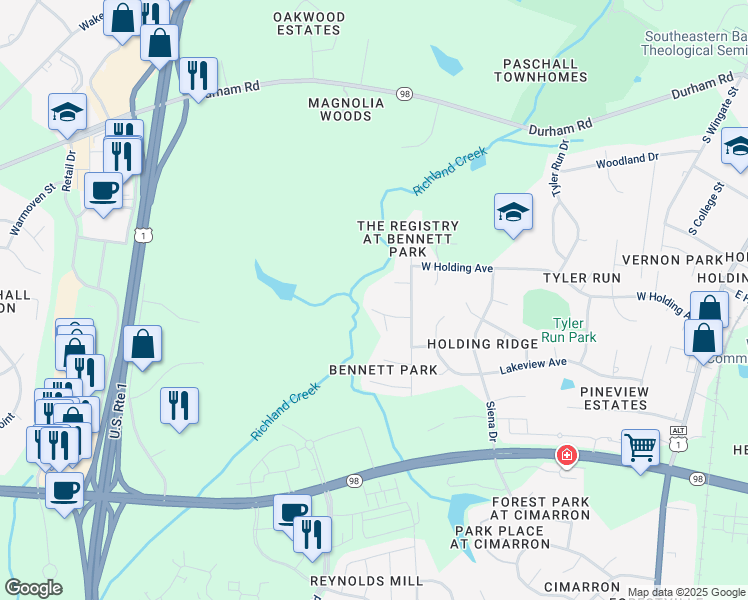 map of restaurants, bars, coffee shops, grocery stores, and more near 724 Bennett Ridge Court in Wake Forest
