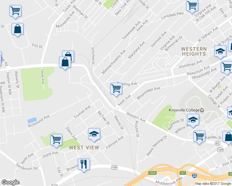 map of restaurants, bars, coffee shops, grocery stores, and more near 2245 Virginia Avenue Northwest in Knoxville