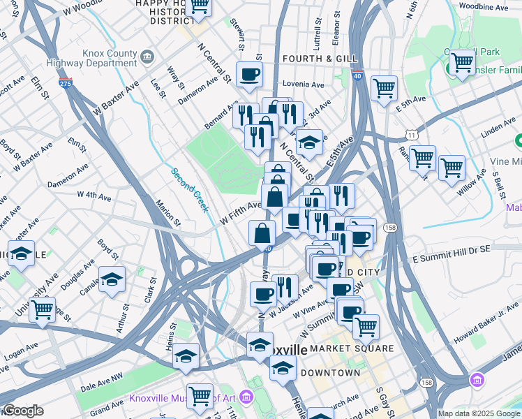 map of restaurants, bars, coffee shops, grocery stores, and more near 447 N Broadway St in Knoxville