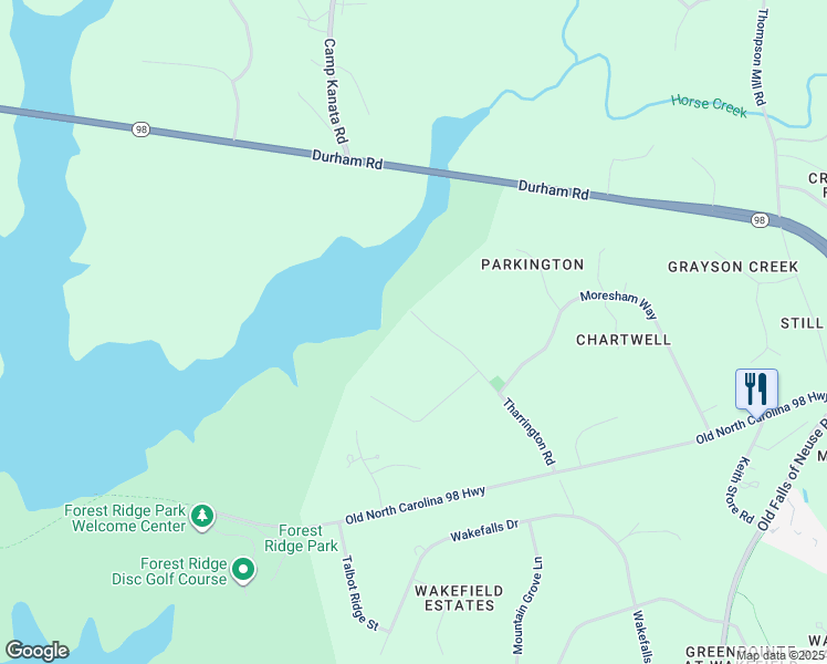 map of restaurants, bars, coffee shops, grocery stores, and more near 12117 Tharrington Road in Wake Forest
