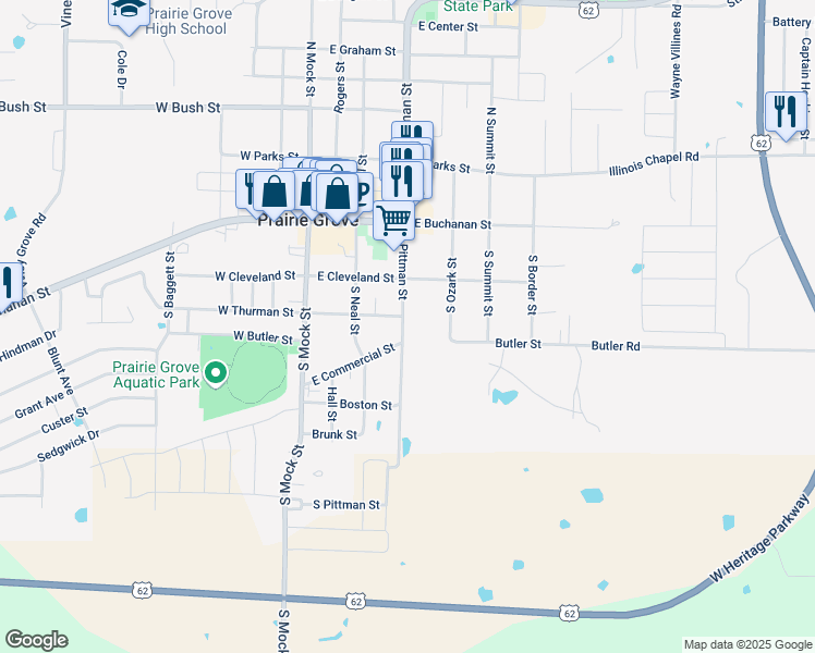 map of restaurants, bars, coffee shops, grocery stores, and more near 210 South Pittman Street in Prairie Grove