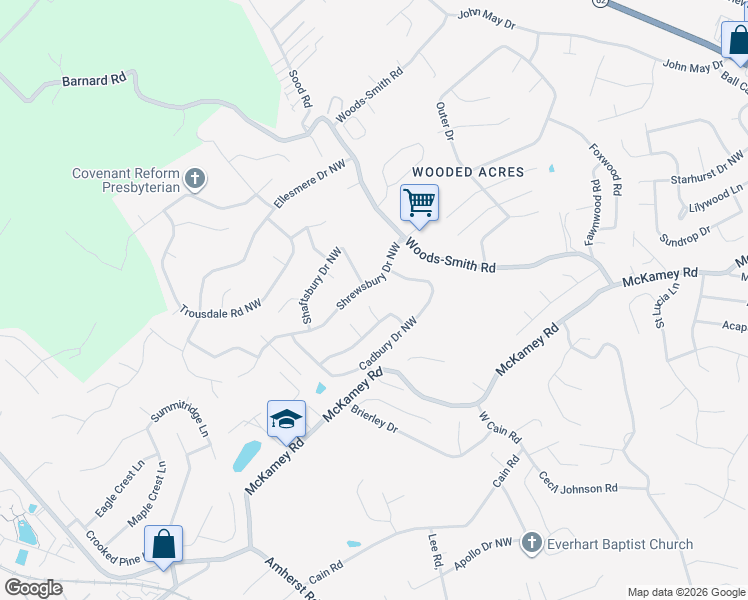 map of restaurants, bars, coffee shops, grocery stores, and more near 6307 Shrewsbury Drive Northwest in Knoxville