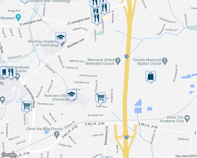 map of restaurants, bars, coffee shops, grocery stores, and more near 604 Gordon Street in High Point