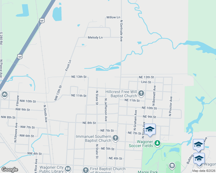 map of restaurants, bars, coffee shops, grocery stores, and more near 603 Northeast 12th Street in Wagoner