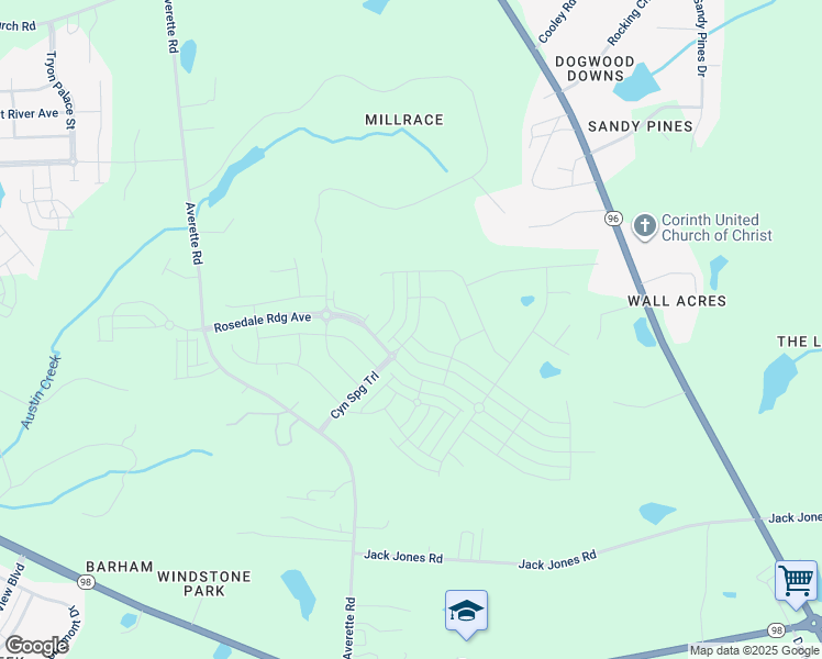 map of restaurants, bars, coffee shops, grocery stores, and more near 300 Canyon Spring Trail in Wake Forest