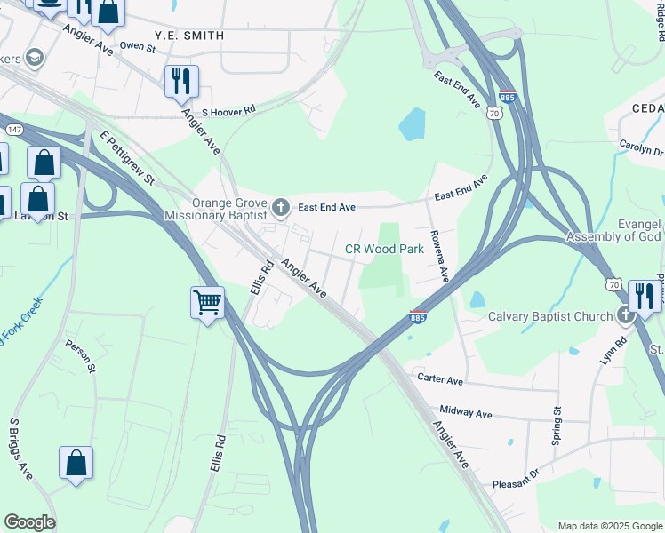 map of restaurants, bars, coffee shops, grocery stores, and more near 3009 Bryant Street in Durham