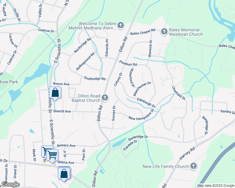 map of restaurants, bars, coffee shops, grocery stores, and more near 3104 Colony Drive in Jamestown