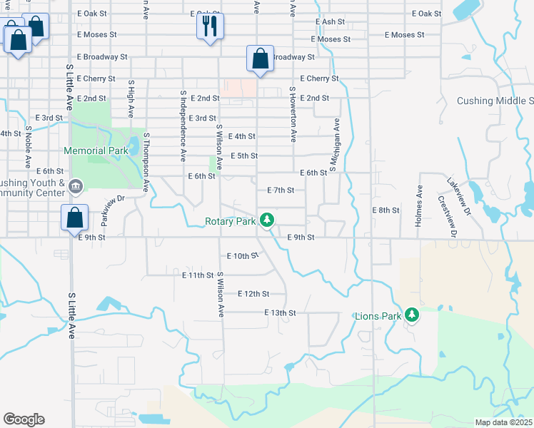 map of restaurants, bars, coffee shops, grocery stores, and more near 1100 East 9th Place in Cushing