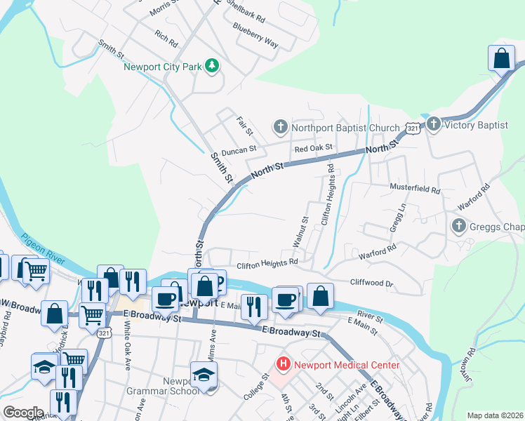 map of restaurants, bars, coffee shops, grocery stores, and more near 401 North Street in Newport