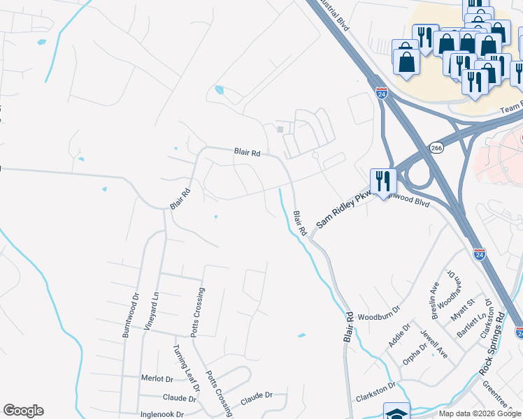 map of restaurants, bars, coffee shops, grocery stores, and more near 330 Blair Road in La Vergne