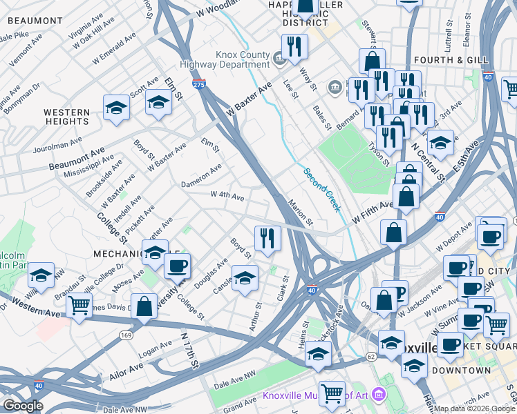 map of restaurants, bars, coffee shops, grocery stores, and more near 1201 West Fourth Avenue in Knoxville