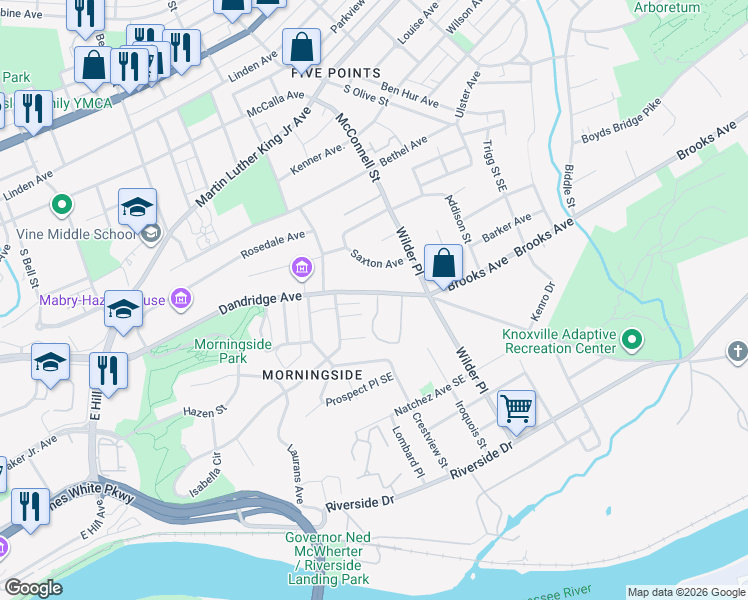 map of restaurants, bars, coffee shops, grocery stores, and more near in Knoxville