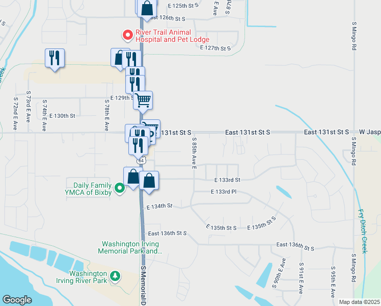 map of restaurants, bars, coffee shops, grocery stores, and more near 8410 East 131st Street South in Bixby