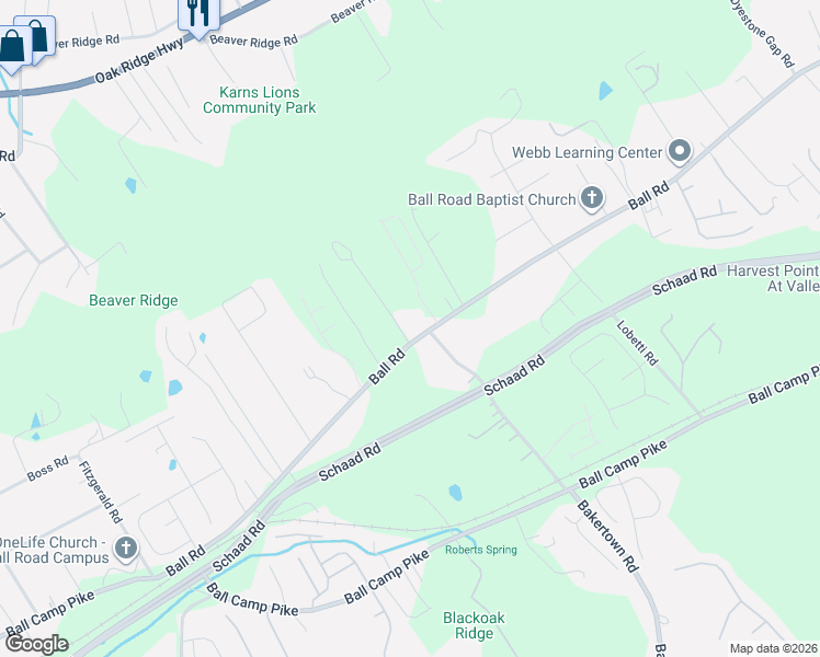 map of restaurants, bars, coffee shops, grocery stores, and more near 6905 Ball Road in Knoxville
