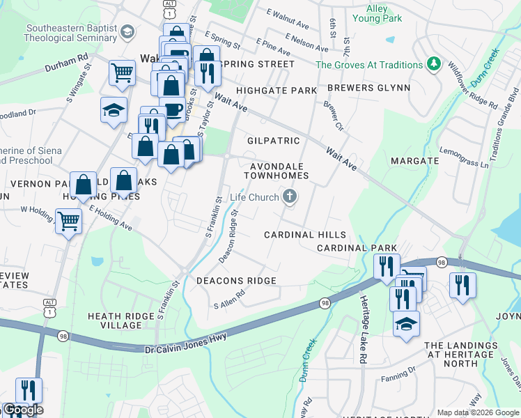 map of restaurants, bars, coffee shops, grocery stores, and more near 644 Cala Lilly Lane in Wake Forest