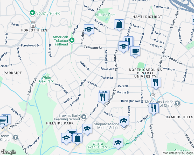 map of restaurants, bars, coffee shops, grocery stores, and more near 2205 Chautauqua Avenue in Durham