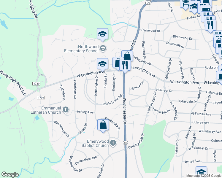map of restaurants, bars, coffee shops, grocery stores, and more near 1313 Kentucky Street in High Point