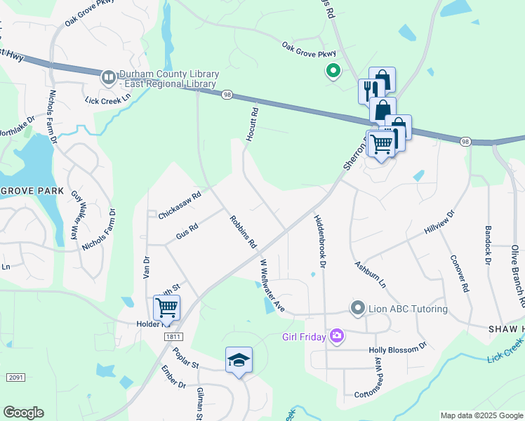 map of restaurants, bars, coffee shops, grocery stores, and more near 402 Hocutt Road in Durham