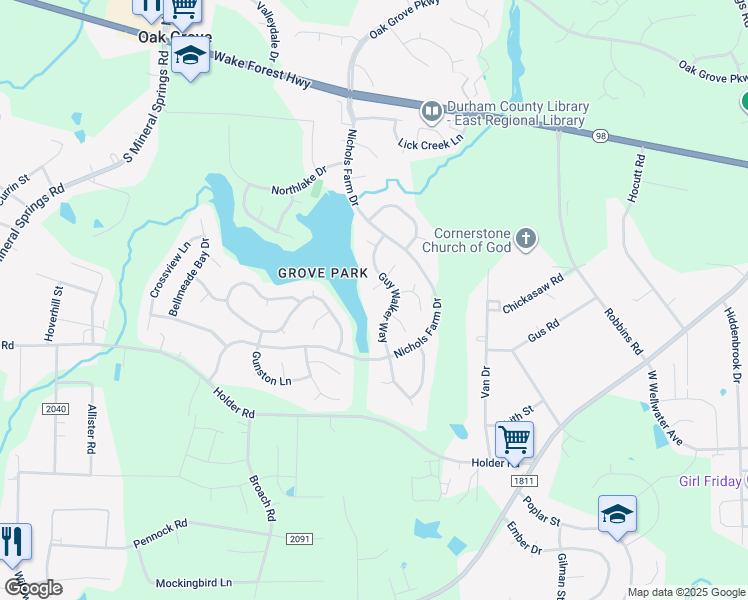 map of restaurants, bars, coffee shops, grocery stores, and more near 5 Allen Moore Court in Durham