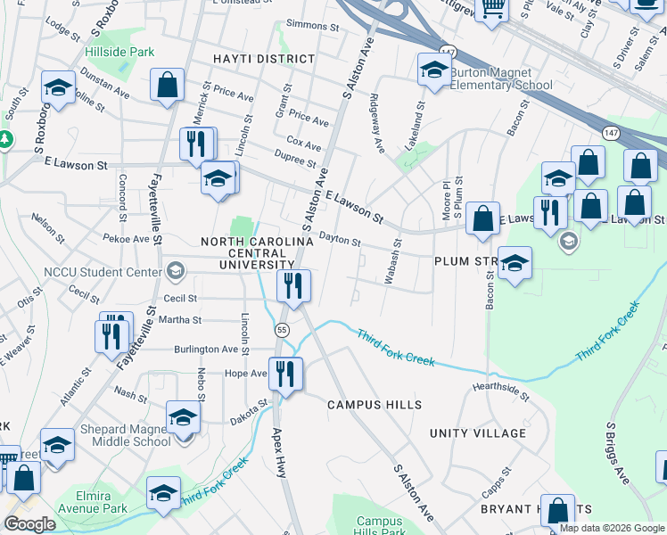 map of restaurants, bars, coffee shops, grocery stores, and more near 1405 Rosewood Street in Durham