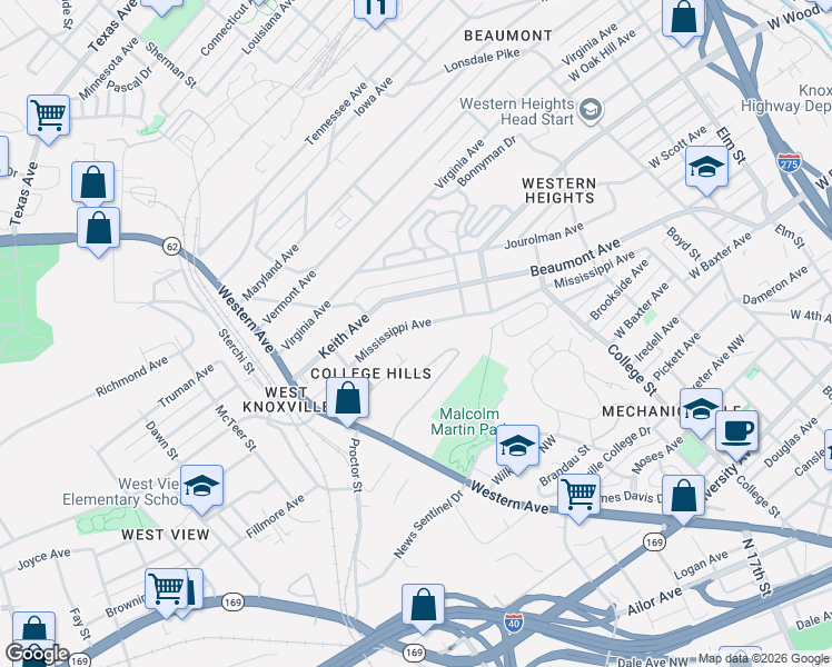map of restaurants, bars, coffee shops, grocery stores, and more near 1907 Mississippi Avenue in Knoxville