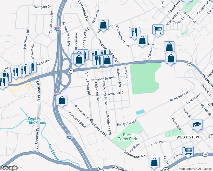 map of restaurants, bars, coffee shops, grocery stores, and more near 2717 Piedmont Street Northwest in Knoxville