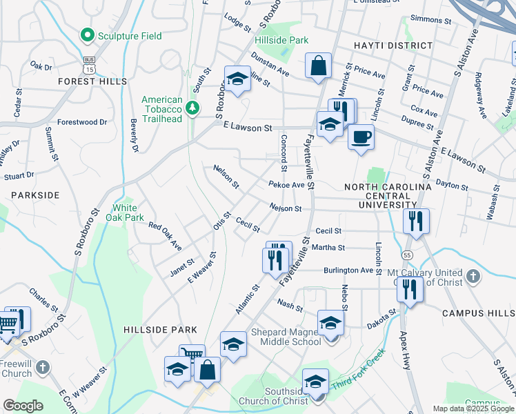 map of restaurants, bars, coffee shops, grocery stores, and more near 2205 Chautauqua Avenue in Durham