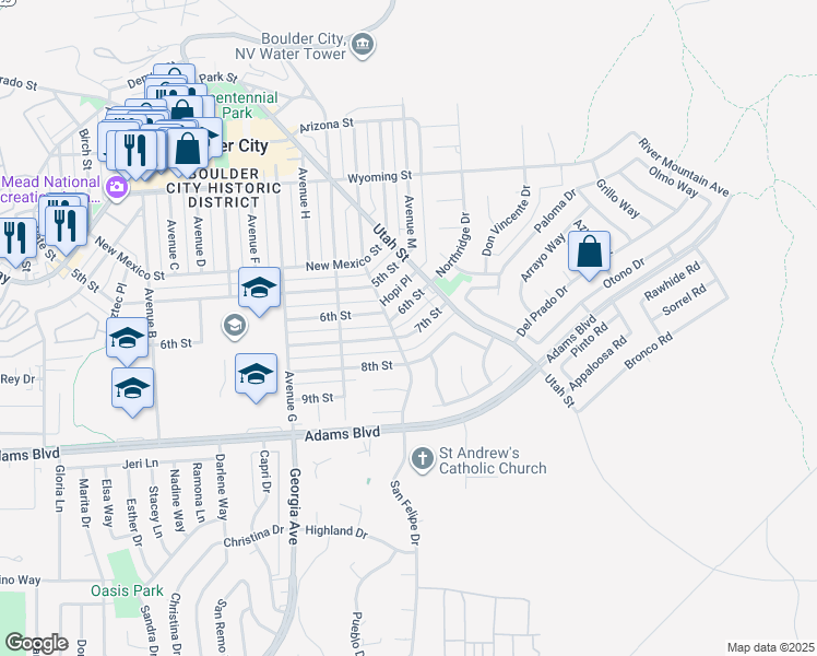 map of restaurants, bars, coffee shops, grocery stores, and more near 556 7th Street in Boulder City