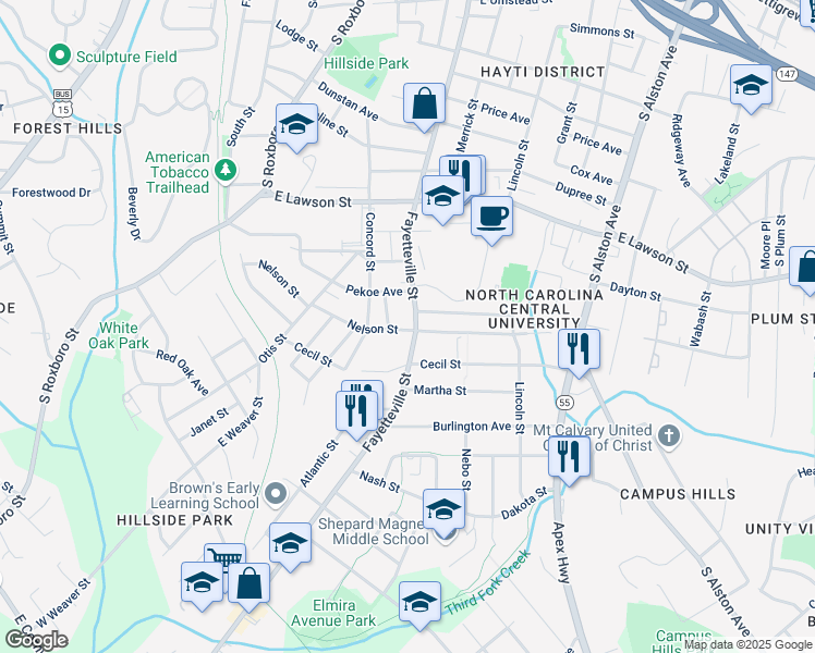 map of restaurants, bars, coffee shops, grocery stores, and more near 2116 Fayetteville Street in Durham