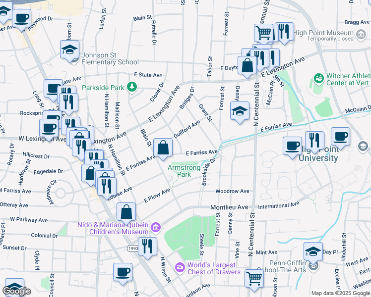 map of restaurants, bars, coffee shops, grocery stores, and more near 824 Howard Place in High Point