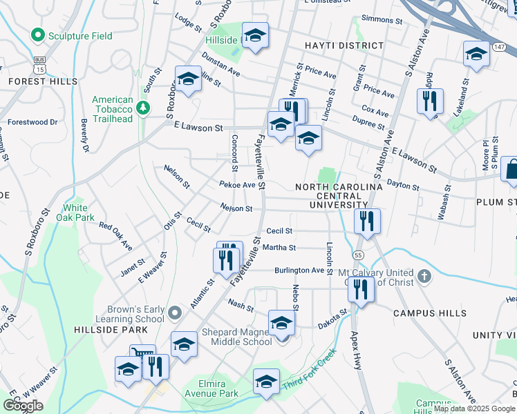 map of restaurants, bars, coffee shops, grocery stores, and more near 2116 Fayetteville Street in Durham
