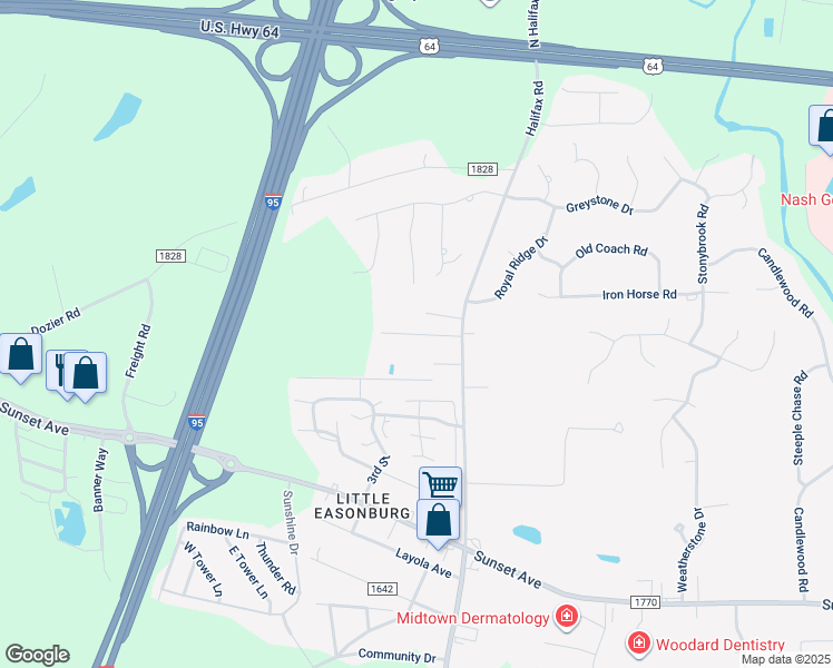 map of restaurants, bars, coffee shops, grocery stores, and more near Harrison Drive in Rocky Mount