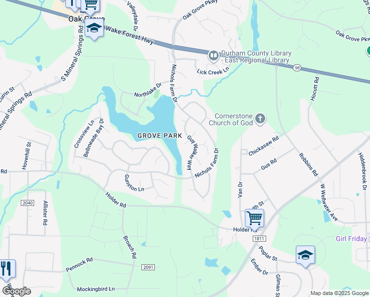 map of restaurants, bars, coffee shops, grocery stores, and more near 5 Allen Moore Court in Durham